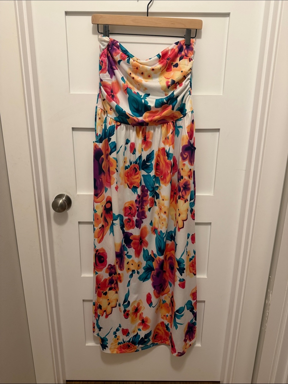 Strapless Floral Maxi Dress in White with Multicolor Bloom